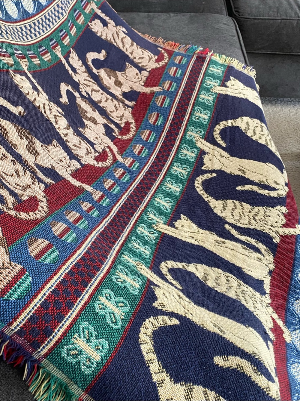 Crown Crafts Woven Cats Patterned Throw Blanket in Navy, Cream, Red & Green EUC - Picture 8 of 14